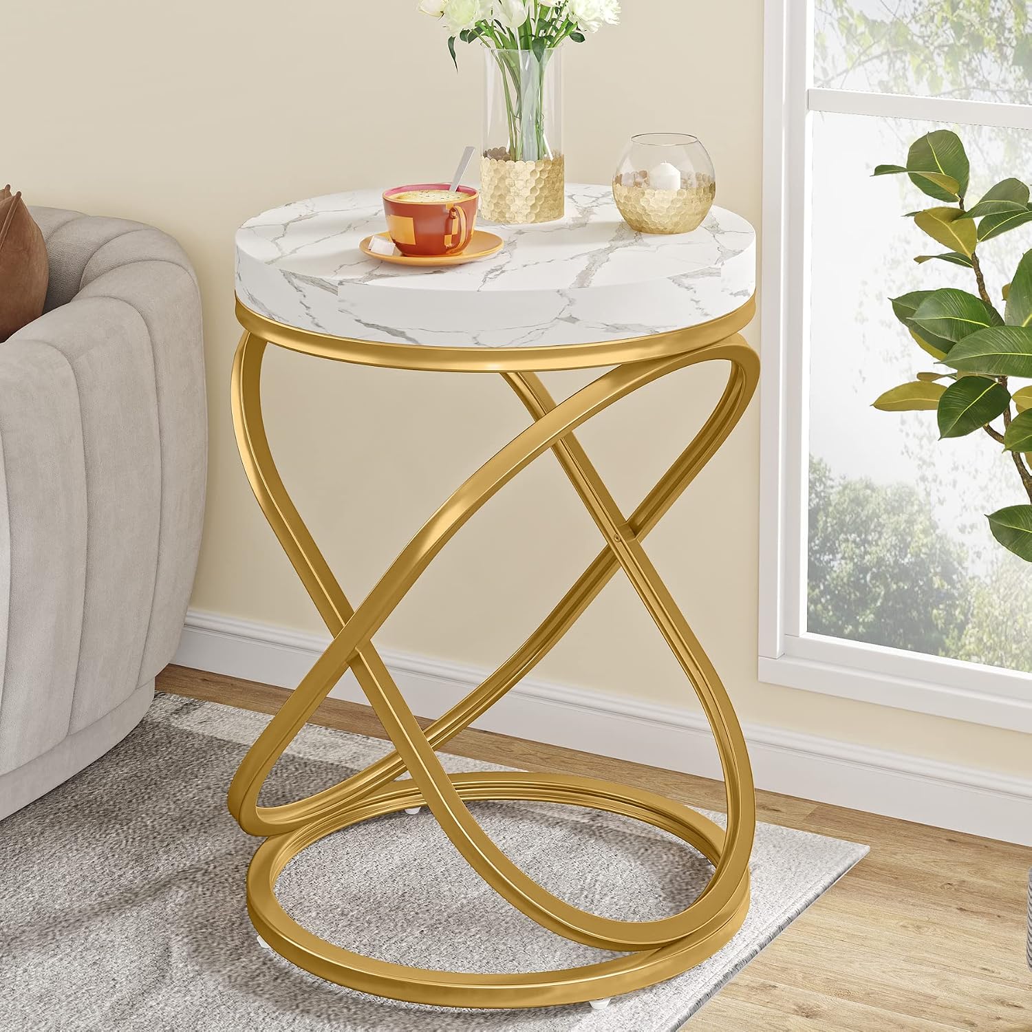 Tribesigns End Tables Living Room Set of 2, 26 Inches White and Gold Faux Marble Top Nightstands Sofa Side Table with Double X-Shaped Ring Unique Design for Bedroom