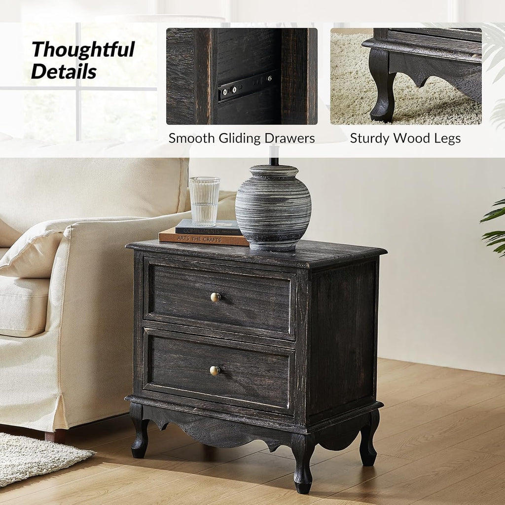 HULALA HOME Solid Wood End Tables Set of 2 with Charging Station Space, Vintage Endtables with Wood Legs and 2 Drawers, French Side Tables for Living Room, Charcoal