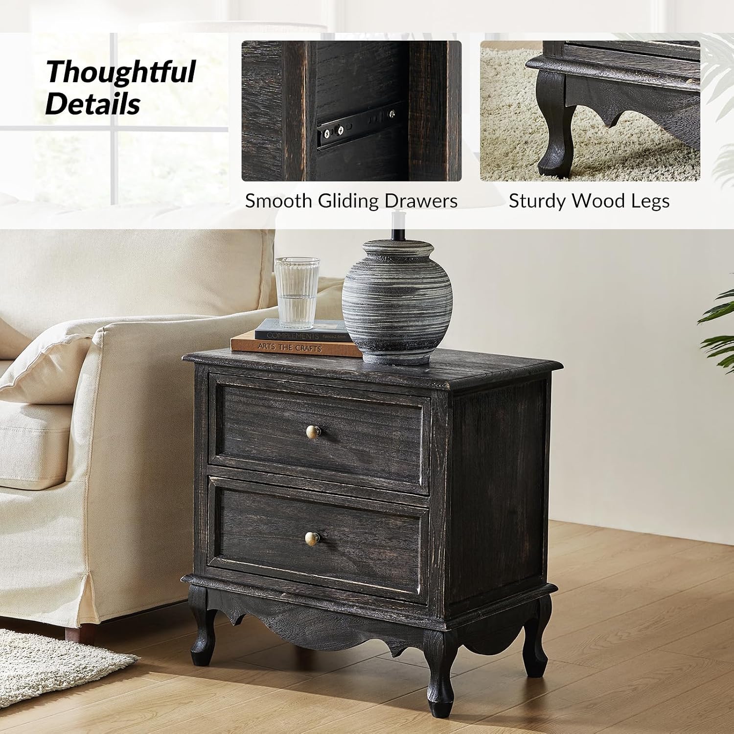 HULALA HOME Solid Wood End Tables Set of 2 with Charging Station Space, Vintage Endtables with Wood Legs and 2 Drawers, French Side Tables for Living Room, Charcoal