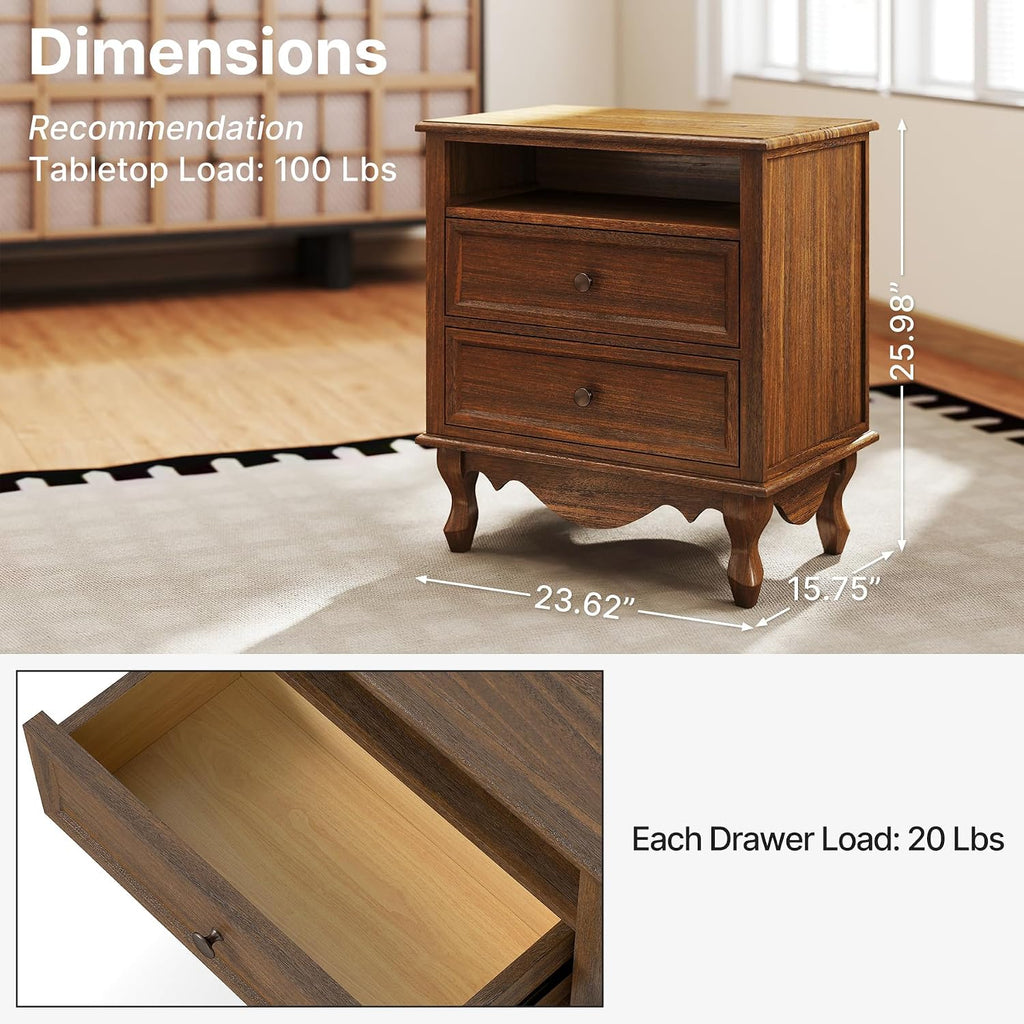 Solid Wood Nightstand, Fully Assembled Night Stand with 2 Drawer & Open Shelf Storage, Bedside Table with Charging Station, Mid-Century Modern End Table for Bedroom, Walnut