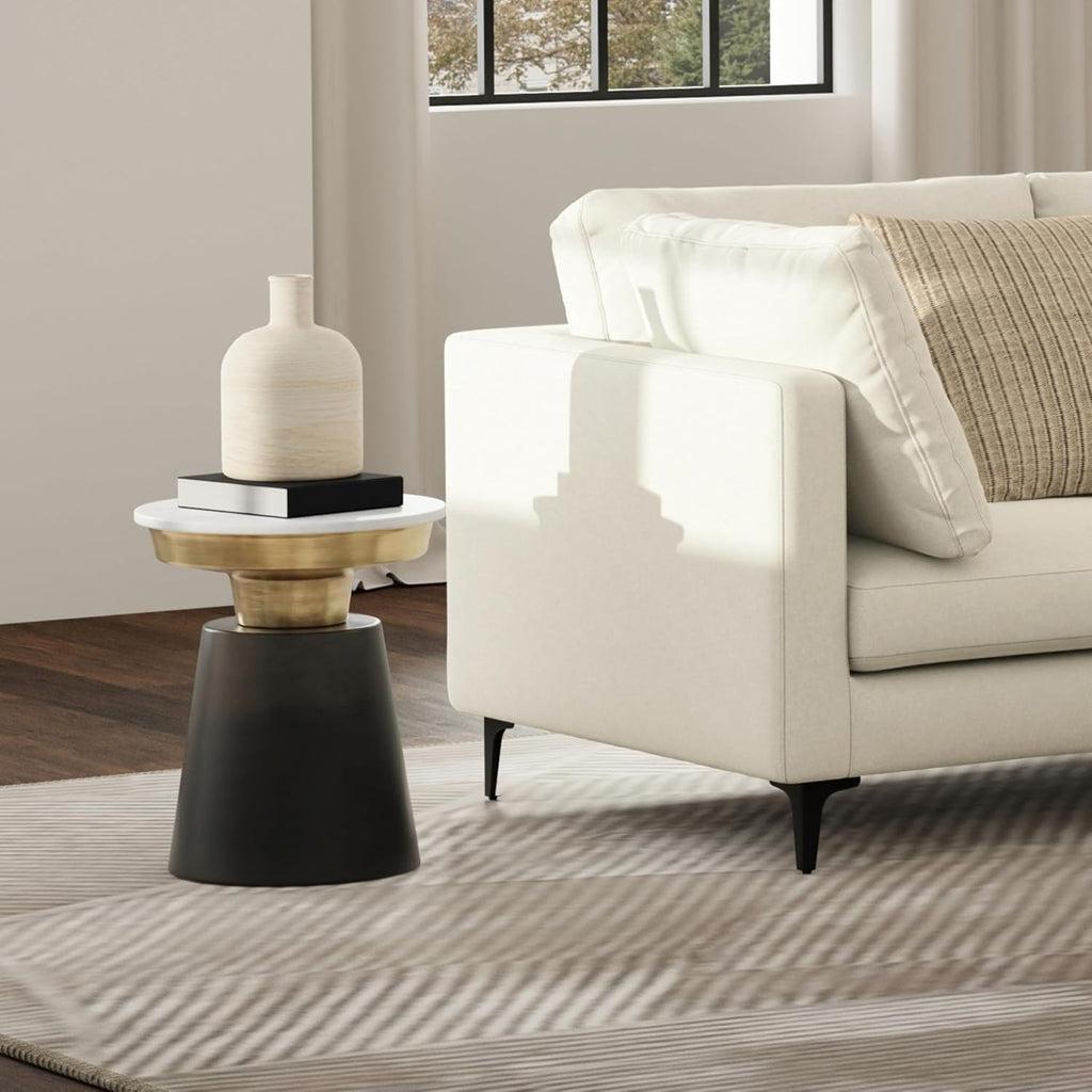 SIMPLIHOME Jaxine End Table - 16 inch Wide Metal Round Accent Table with White Marble Top and Black and Gold Base, Contemporary Nightstand or Lamp Stand for Living Room or Bedroom, Assembled