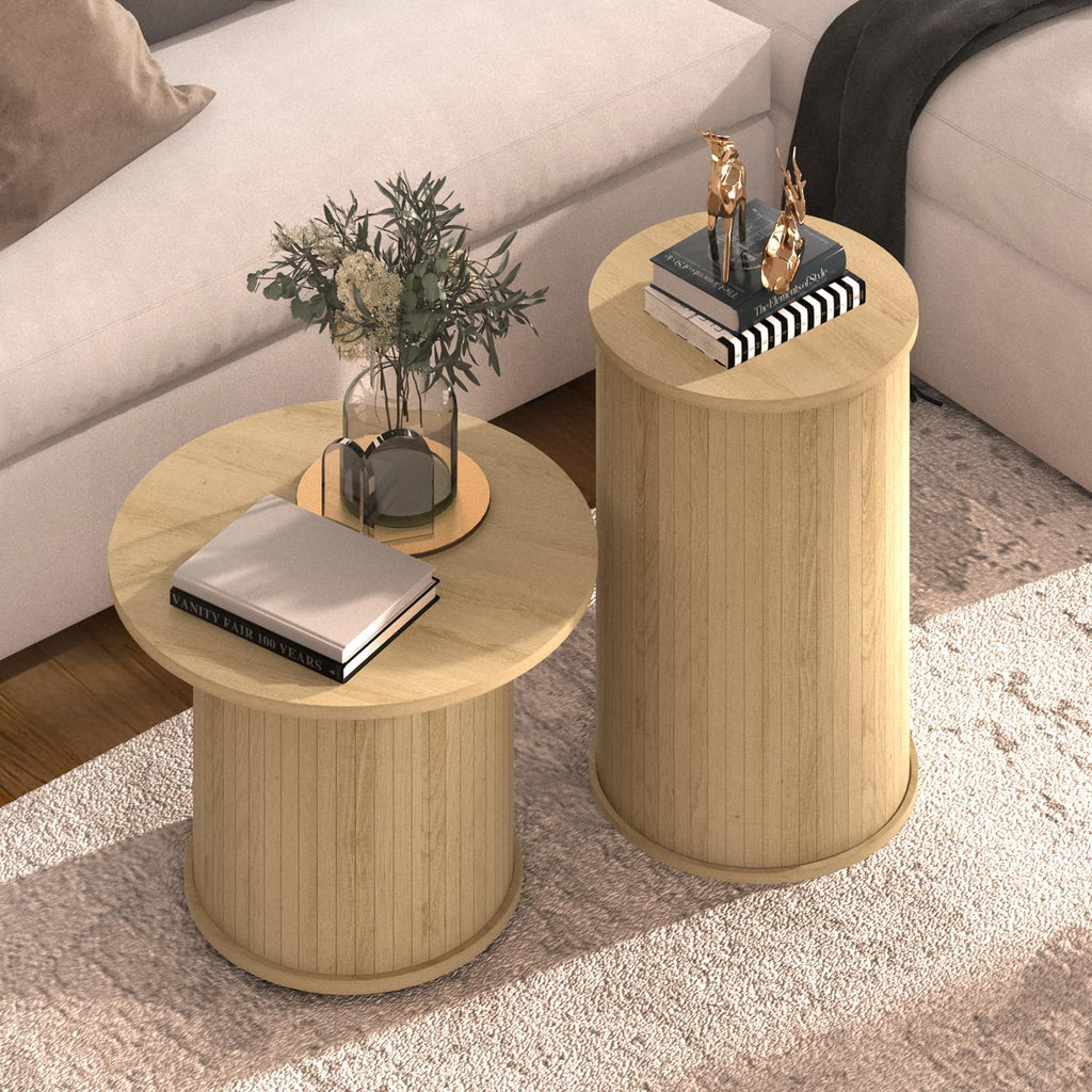 Set of 2 Round Wood Coffee Table Set for Living Room, Fluted Circle Nesting Coffee Tables for Apartment, Small Spaces, Bedroom, Modern Style, Easy Assembly & Maintenance, Oslo Oak