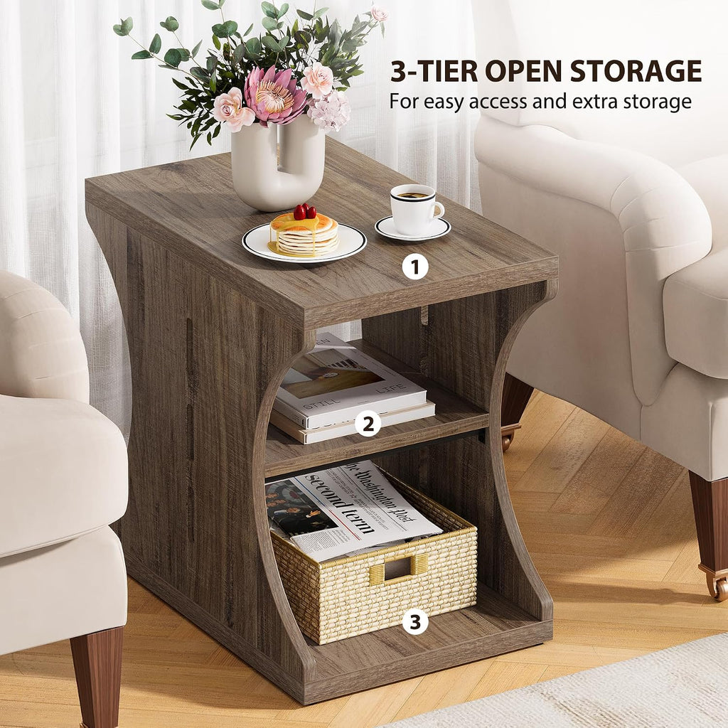 Modern Farmhouse End Table Set of 2, Wood Side Tables with Storage, 3-Tier Narrow Country Nightstand for Living Room, Bedroom, Small Spaces, Light Brown
