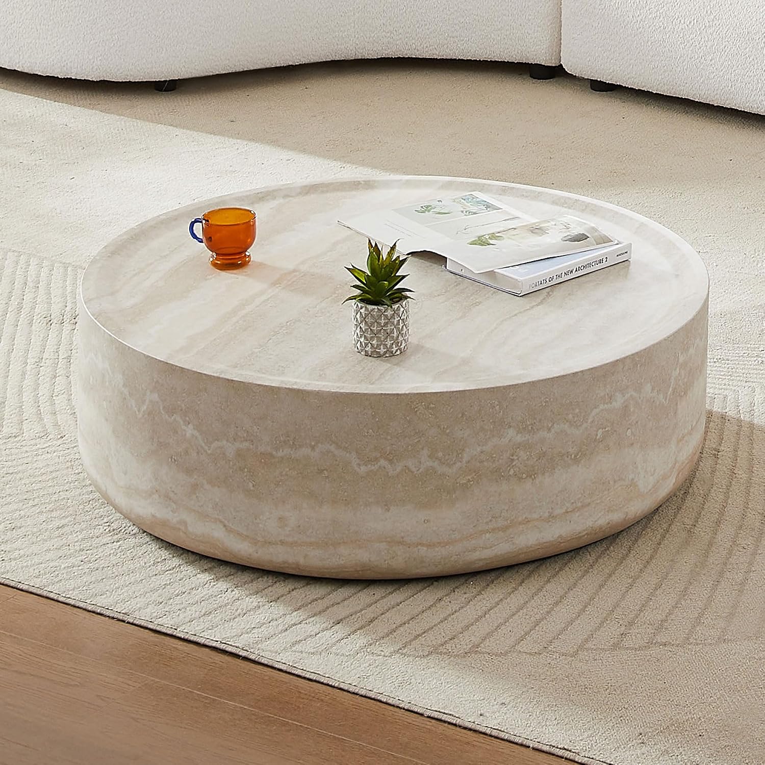Modern Drum-Shape Coffee Table for Living Room 31.49' Round Cocktail Center Table Light Sand Color Circle Coffee Tables for Home Office, Fully Assembled