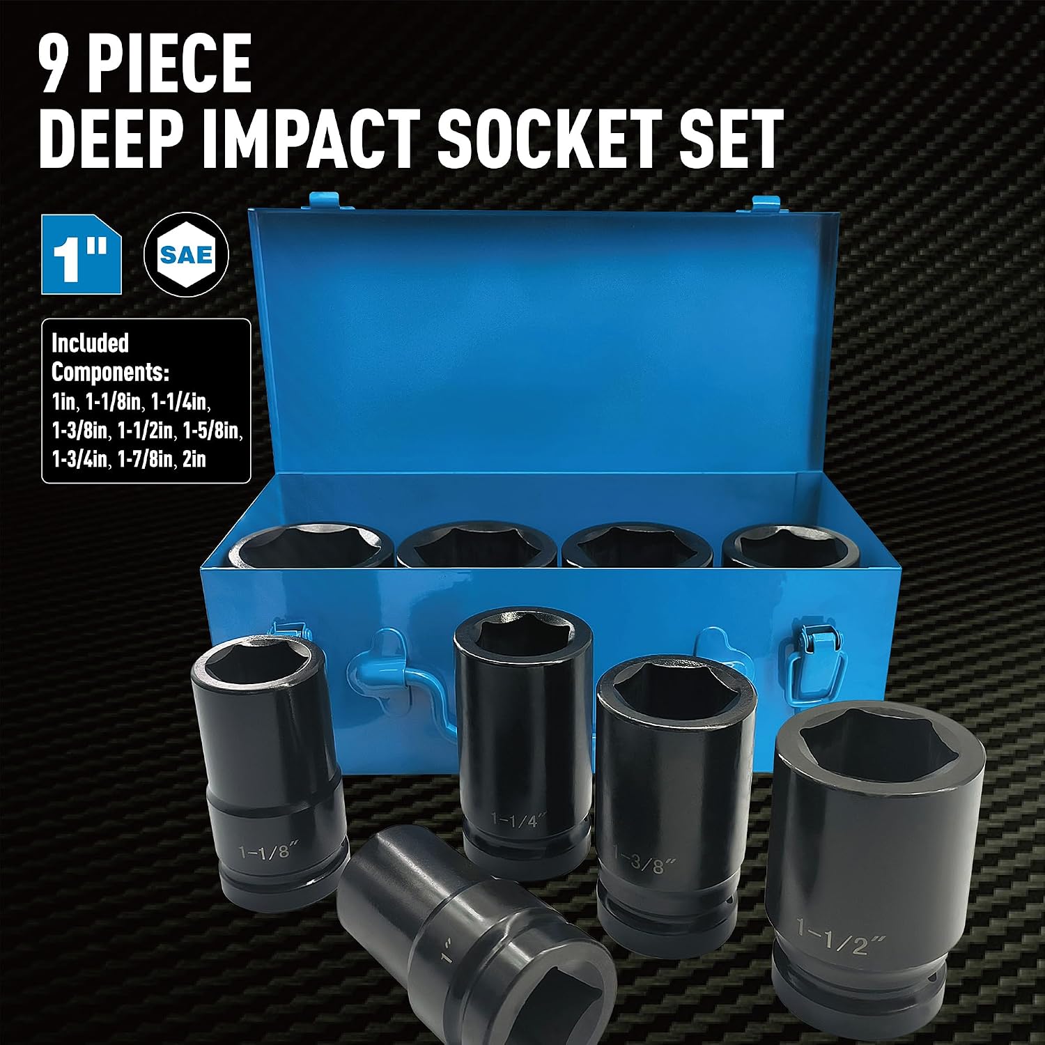 1 Inch Drive Deep Impact Socket Set, 9 Pieces Jumbo Impact Socket Sets, SAE 1' to 2', Chrome Steel, 6-Point Design, Metal Case