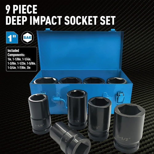 1 Inch Drive Deep Impact Socket Set, 9 Pieces Jumbo Impact Socket Sets, SAE 1' to 2', Chrome Steel, 6-Point Design, Metal Case
