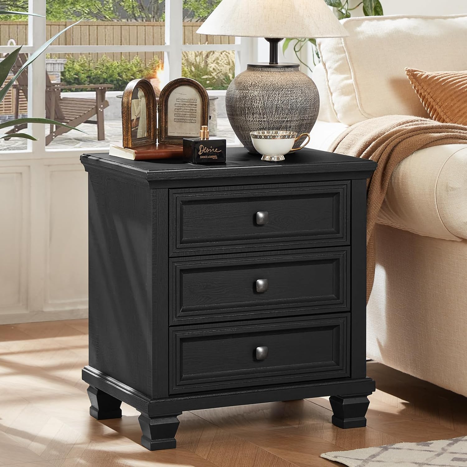 SAVOR LIFE Farmhouse Nightstand Set of 2, Rustic Couch End Table with 3 Drawers & 4 Square Solid Wood Legs, Vintage Bed Side Table with Storage, Small Dresser for Bedroom, Living Room, Black