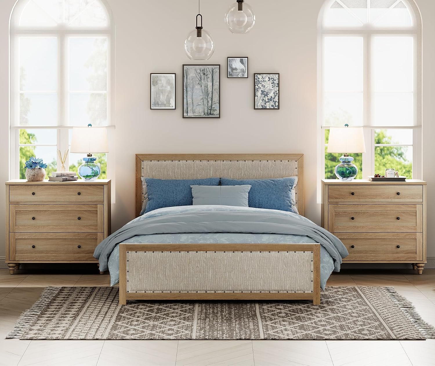 WAMPAT Farmhouse Nightstand with 3 Drawers, Set of 2 Large 3 Drawers Wood Bedside Table Night Stand, Wide Sofa Side End Table Chest of Dresser for Living Room, Bedroom, Oak, 34 inch