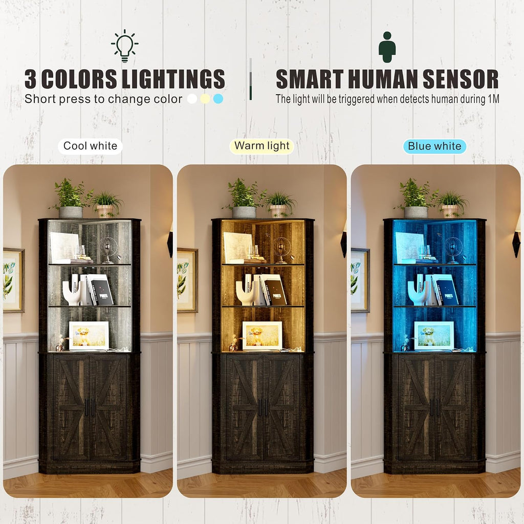 FREDEES Tall Corner Cabinet with LED Light, Farmhouse Bathroom Cabinet with 2 Doors and 3 Tier Shelves, Free Standing Corner Storage Cabinet for Laundry Room, Living Room or Kitchen, Rustic Brown