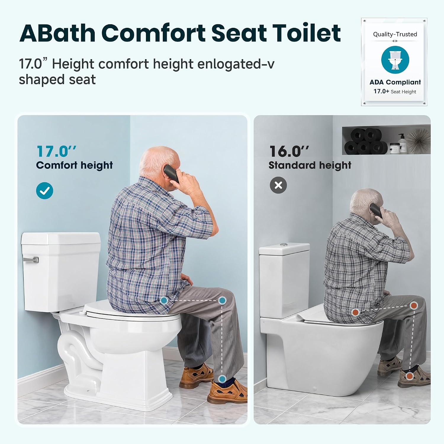 Two Piece Toilets for Bathrooms, Elongated Toilet with 17' Chair Height Soft Close Seat, 1.27 GPF Power Flush, Nano Self-Cleaning Glaze, WaterSense/1000g Map Certified, White ADA toilet 12' Rough In