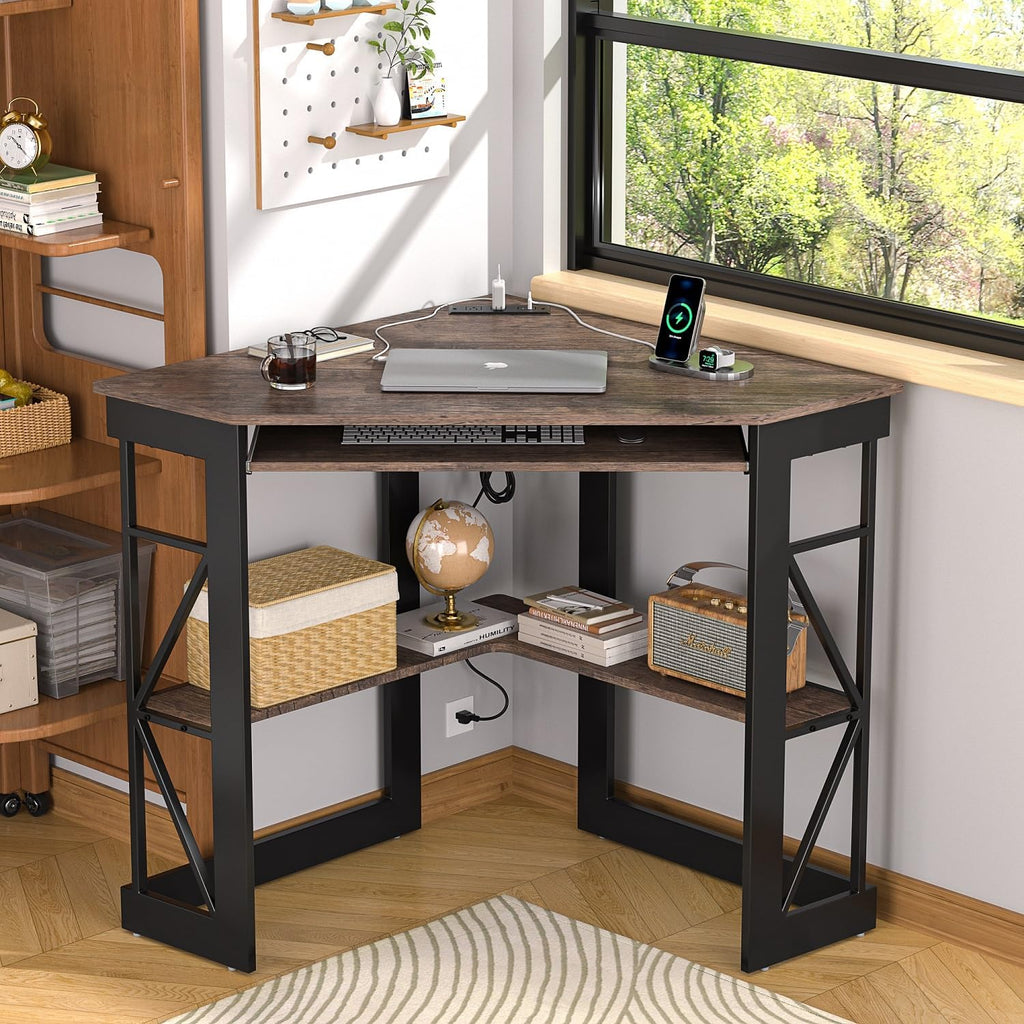 VECELO Corner Desk, Triangle Computer Desk for Small Space with Charging Station and Keyboard Tray, Corner Makeup Table with Storage Shelves for Home Office Bedroom, 41x30, Rustic Brown