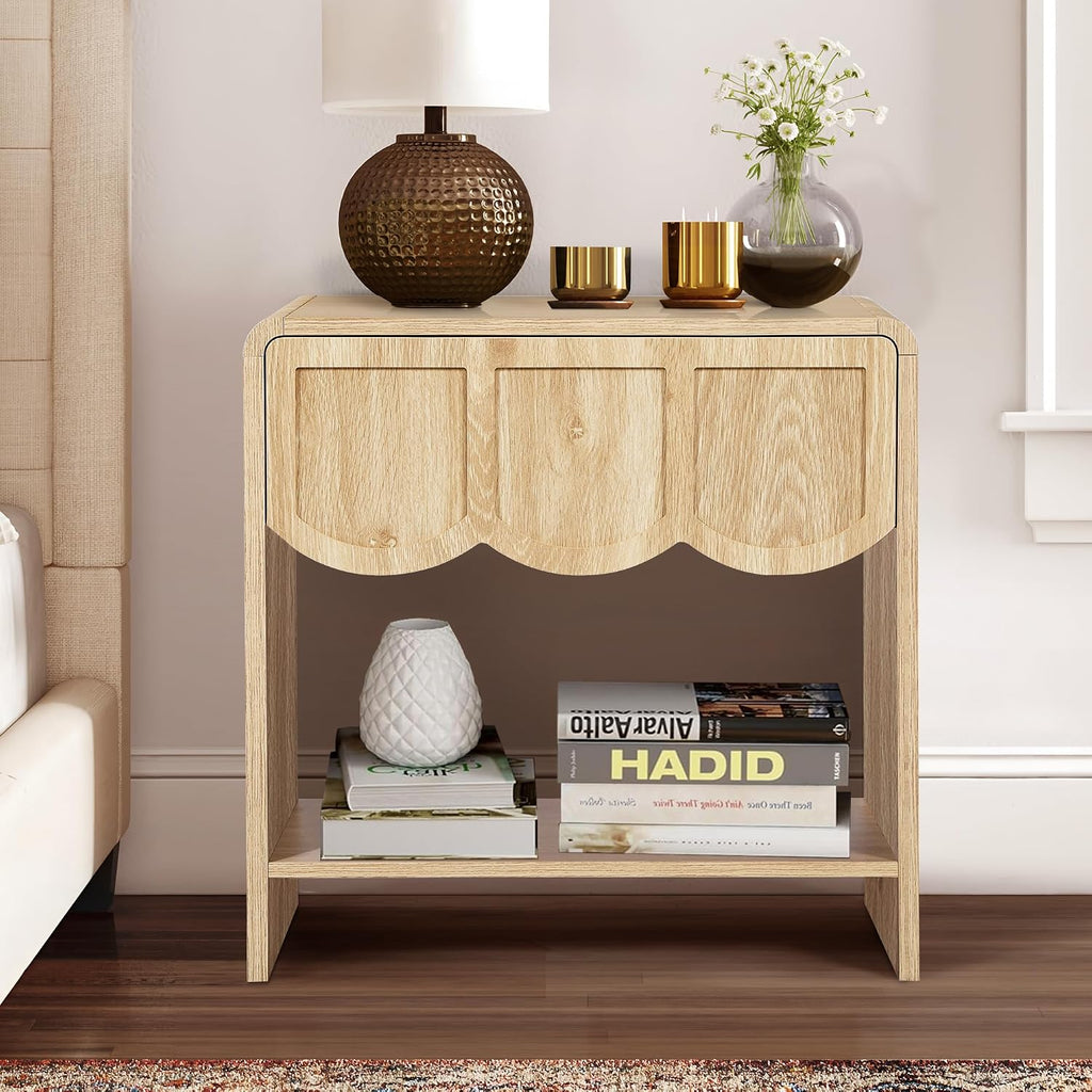 Small Night Stand Set of 2, Mid Century Modern Farmhouse Wood Nightstand with Wave Panel Drawer, Bed Side End Table for Small Space, Living Room - Natural