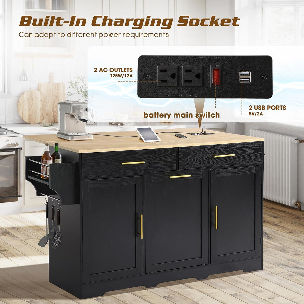 60' Kitchen Island with Power Outlet & Drop Leaf, Rolling Kitchen Island Table Cart w/Trash Can Storage Cabinet, Mobile Kitchen Cabinet on Wheels w/Drawers, Spice Rack, Towel Bar, Hooks (Black)