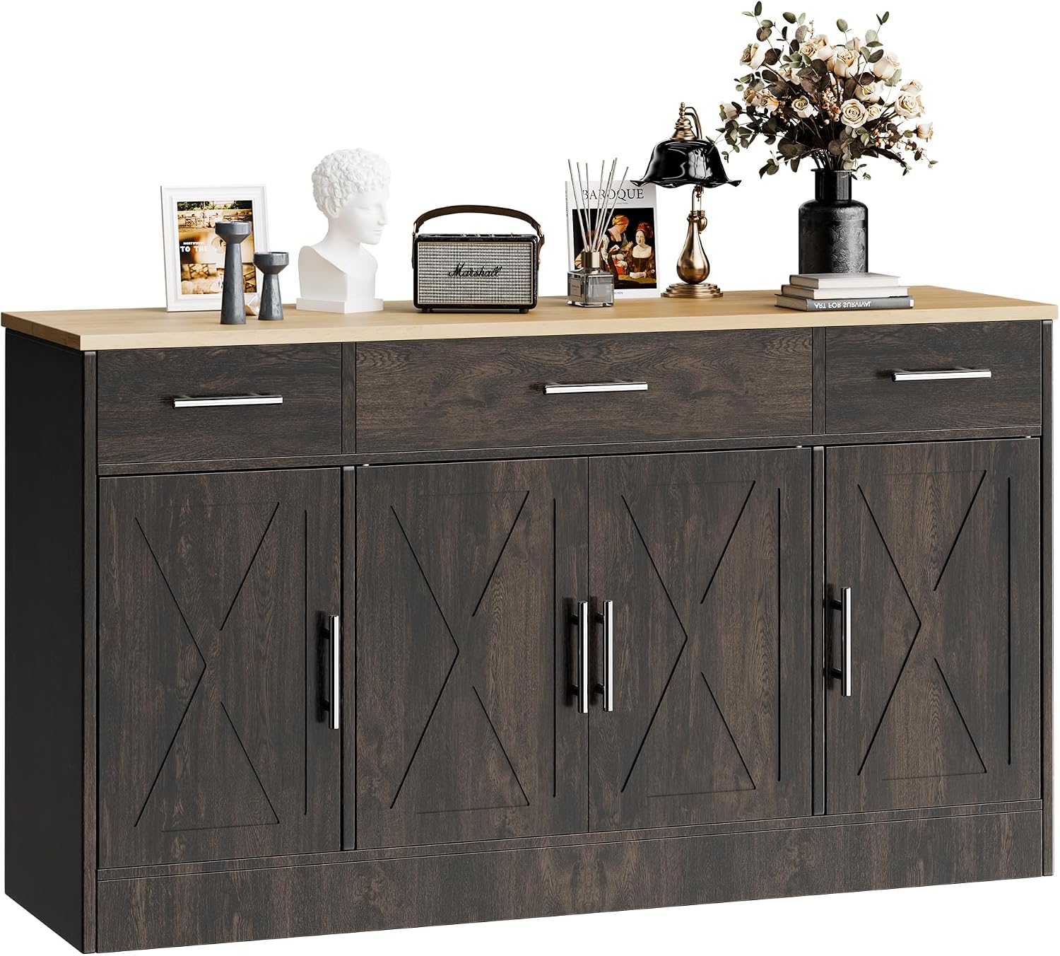 SUNLEI Kitchen Storage Cabinets, Farmhouse Buffet Cabinet with 4 Doors and 3 Drawers, Sideboard Small Storage Cabinet with Adjustable Shelf, for Kitchen, Dining Room & Living Room, Brown