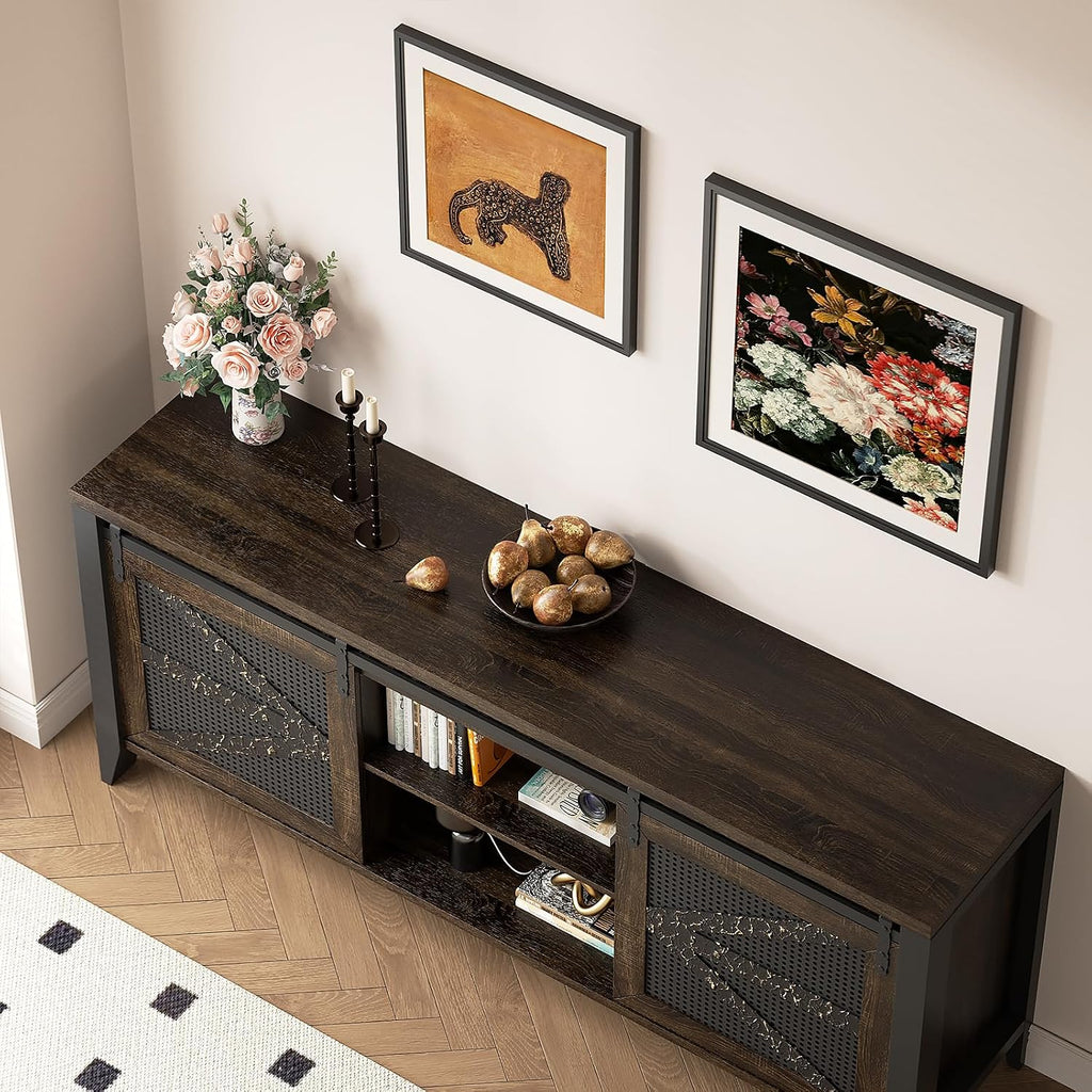 VFK 60 Inch TV Stand for TVs up to 65', Rustic Farmhouse Media Console with Sliding Barn Doors, 6 Drawers, Entertainment Center for Living Room
