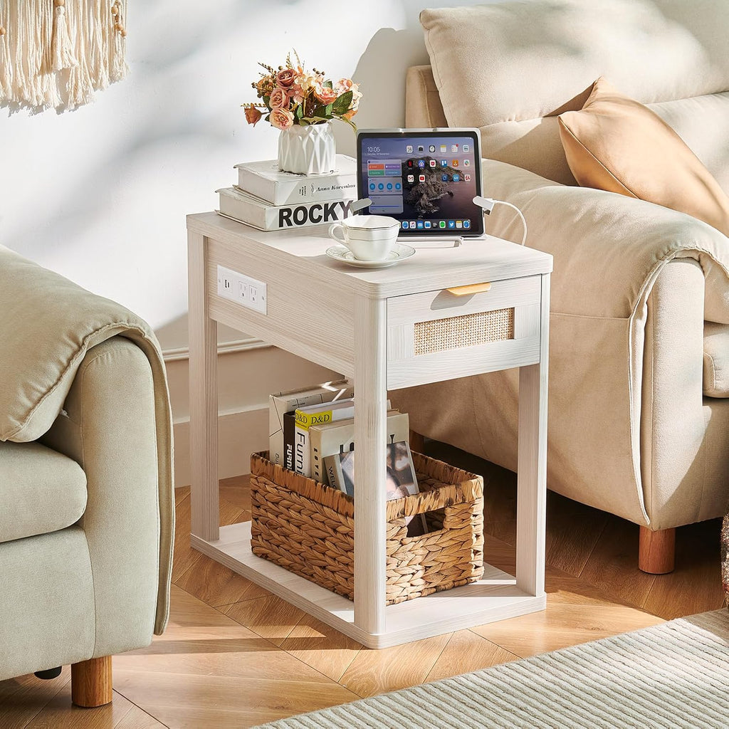 LEYAOYAO Narrow Side Table Set of 2, 24'' Night Stand with Charging Station, Rattan Nightstand with Drawer Storage, Bedside End Table with Small Spaces, Wood Boho Nightstand for Living Room Bedroom