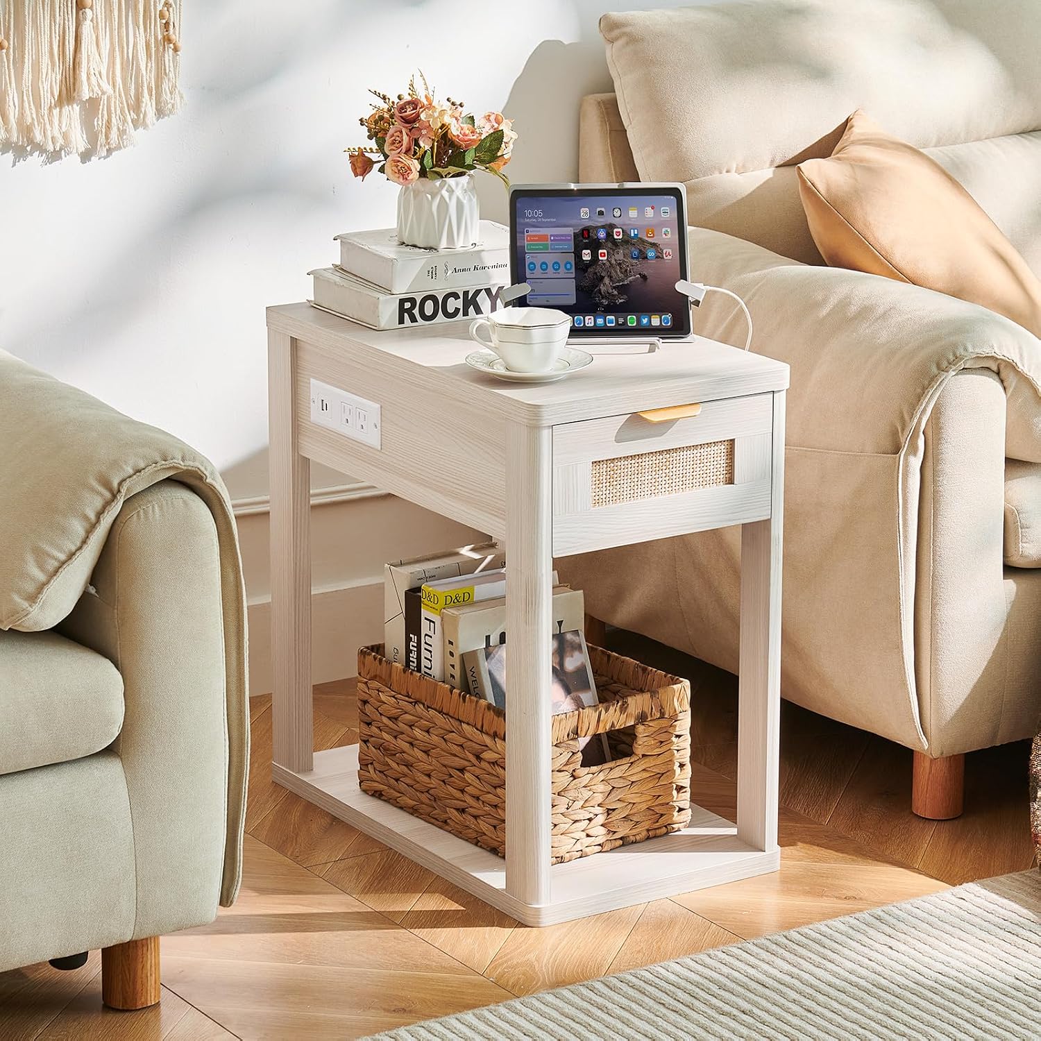 LEYAOYAO Narrow Side Table Set of 2, 24'' Night Stand with Charging Station, Rattan Nightstand with Drawer Storage, Bedside End Table with Small Spaces, Wood Boho Nightstand for Living Room Bedroom