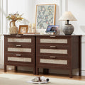 LEYAOYAO 31.5' Wide Rattan Nightstands Set of 2 with Charger Station, Large Boho 3 Drawer Night Stand, Retro Walnut Bedside Table with Storage, Bed Side End Tables for Bedroom, Living Room, Hallway