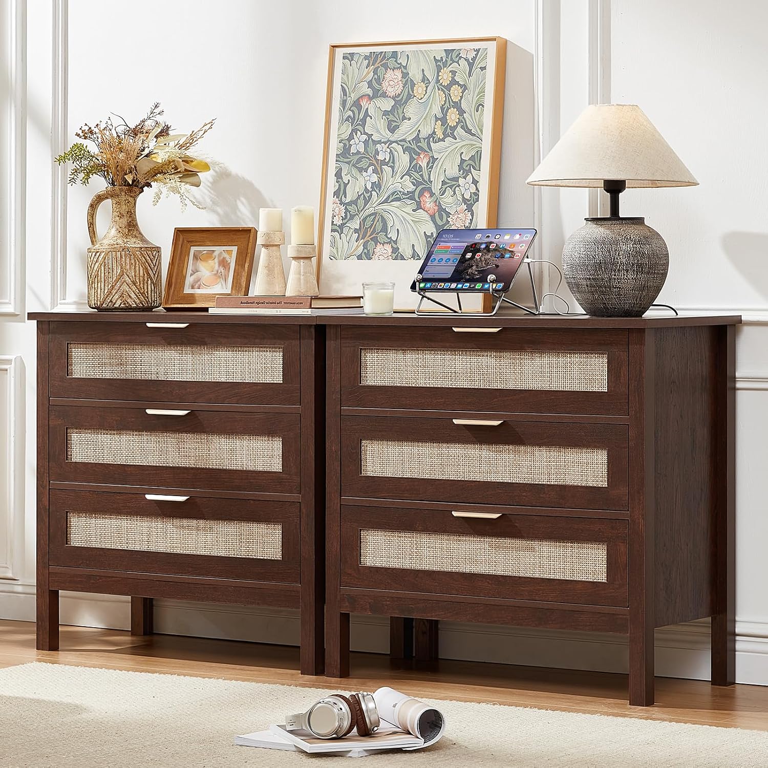 LEYAOYAO 31.5' Wide Rattan Nightstands Set of 2 with Charger Station, Large Boho 3 Drawer Night Stand, Retro Walnut Bedside Table with Storage, Bed Side End Tables for Bedroom, Living Room, Hallway