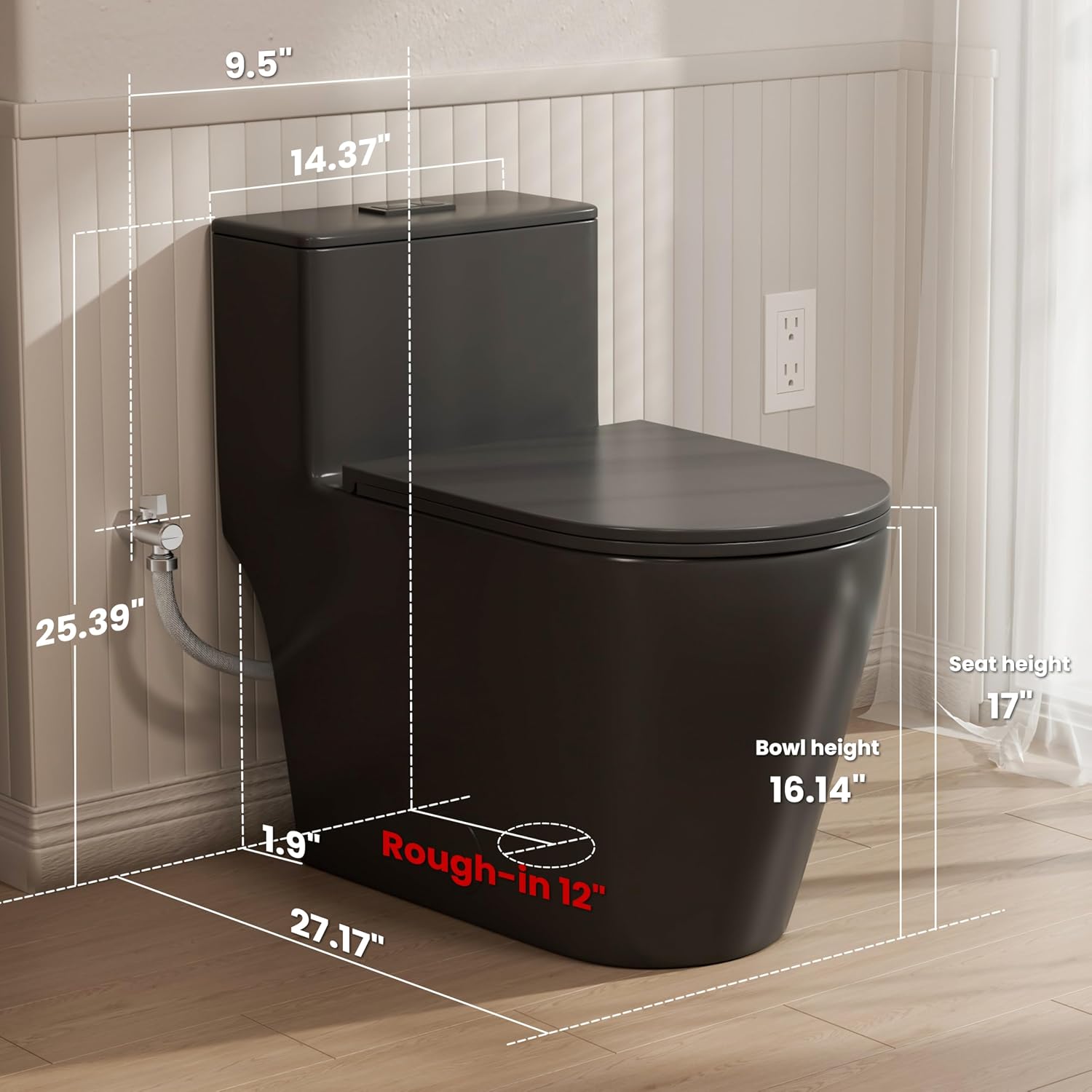 Casta Diva Elongated One Piece Toilet Black with 17' ADA Comfort Chair Height Seat Compact Toilet for Bathroom Power Dual Flush 1.1/1.6GPF & MAP 1000g, 12'' Rough-in, Matte Black