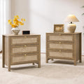 SICOTAS Nightstand Set of 2 with Drawers, Rattan Nightstands, Large Modern Boho Night Stand Wide Bedside Tables for Bedroom