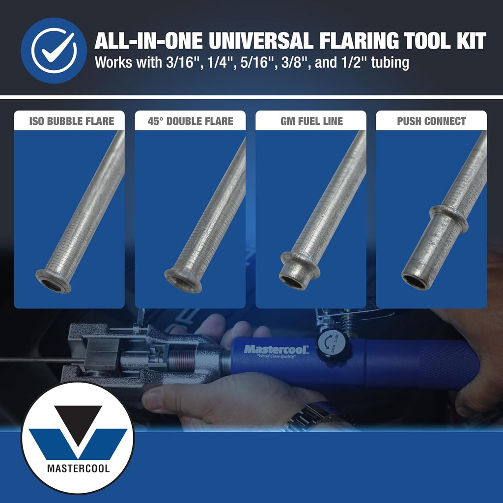 Mastercool 72475-PRC Universal Hydraulic Flaring Tool Set – Patented Design – 45° Double & Single Flares, Push Connect, GM Fuel Line, Brake Line – Includes Hydraulic Ram & Mini Tube Cutter