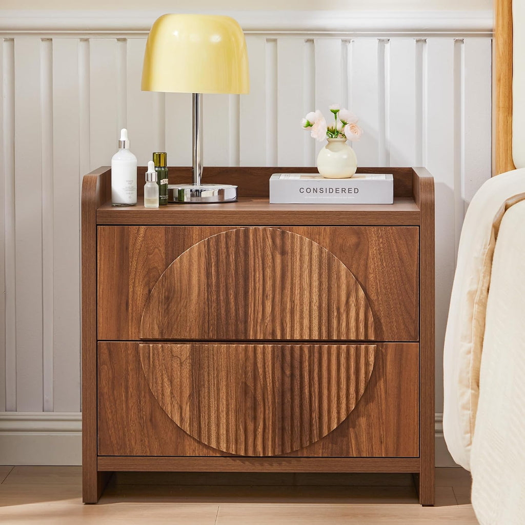 Turtle&Myrtle 24 Inch Wide Fluted Nightstands Set of 2, Large Night Stand with 2 Drawers, Mid Century Modern Bedside Table End Table with Storage for Bedroom, Office (Walnut)