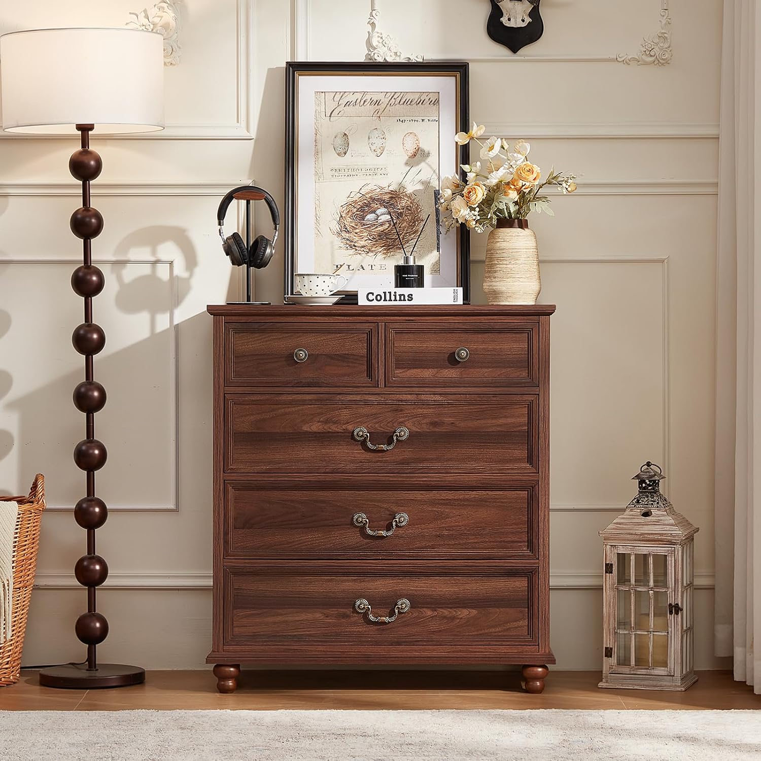 Joaxswe Farmhouse 5 Drawer Dresser Set of 2 for Bedroom, 35' Tall Rustic Chests of Drawers w/ 4 Solid Wood Feet, Mid Century Vintage Wooden Closet Storage Dressers Organizer for Living Room,Brown
