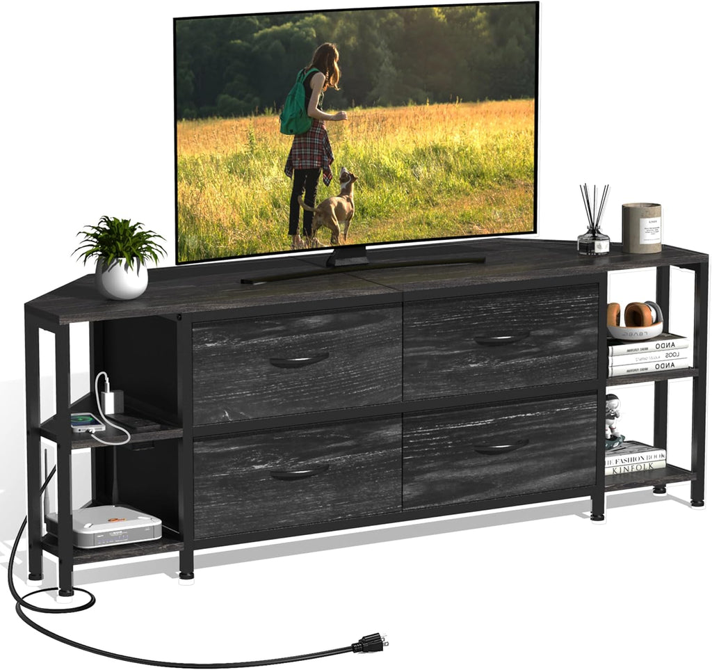 EXOTICA Corner TV Stand for 55 inch TV with Drawer and Charge Station Black Corner Entertainment Center for Living Room Modern Corner Console Table with 4 Open Storage Shelves Metal Frame