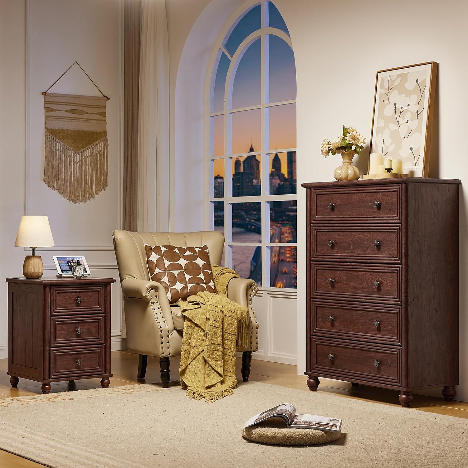 RWYHG 18' Farmhouse Night Stand Set of 2, Walnut Wood Nightstand with 3 Drawers, Bedside End Table with Storage and Roman Column, Bed Side Tables Cabinet for Bedroom, Living Room, and Closet
