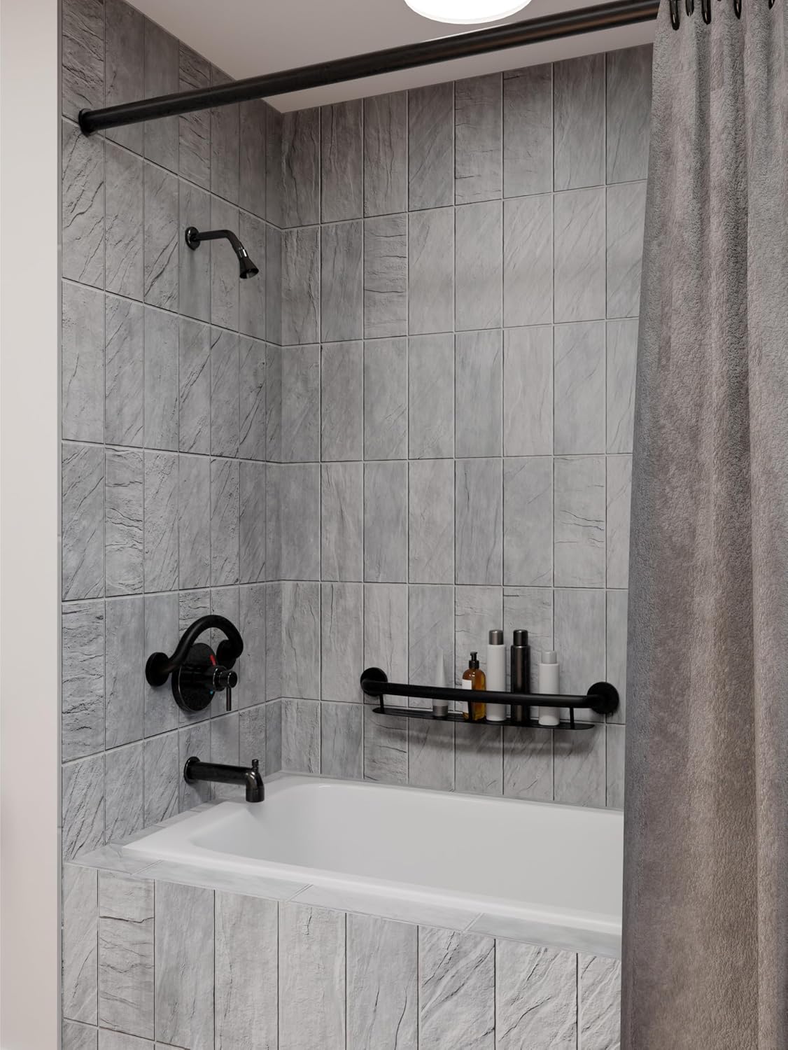 HEALTHCRAFT Plus Shampoo Shelf & Grab Bar 24', ADA Safety - Matte Black | Built-in shampoo shelf, concealed screws, no separate shelf needed