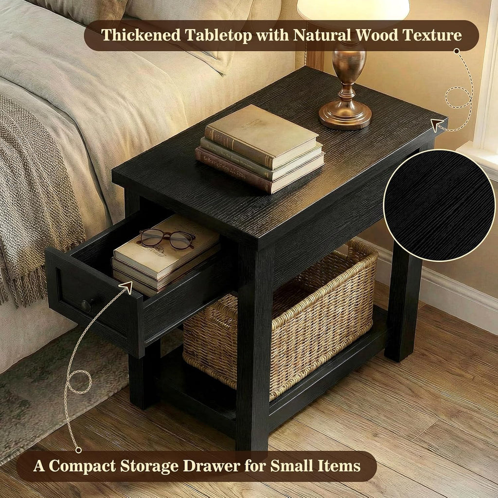 Armocity Narrow End Table Set of 2 with Charging Station - Farmhouse Side Tables with Drawers, 14' Wood Nightstands Set of 2 for Bedroom Living Room, Slim Couch Bedside Table Small Spaces, Black