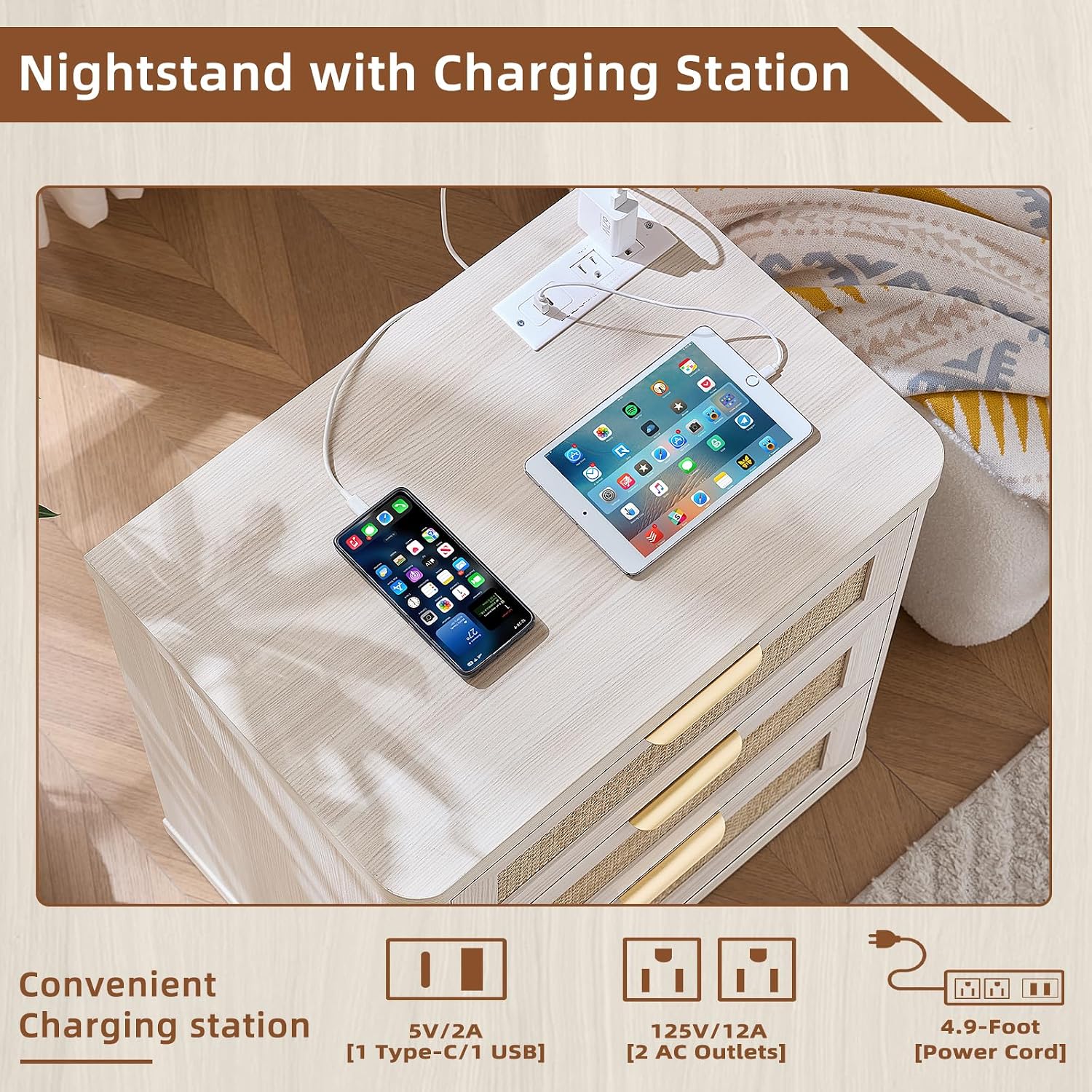 LEYAOYAO Rattan Night Stand Set of 2 with Charger Station, 23' Large 3 Drawer Boho Nightstand, Grey White Bedside Table Storage Cabinet, Bed Side End Tables for Bedroom, Living Room, Hallway
