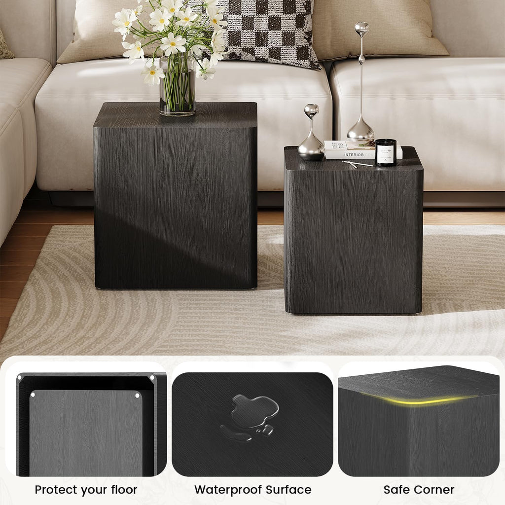 Nesting Coffee Table Set of 2, Modern Coffee Table and End Table Sets, Small Wooden Nesting Side Tables for Living Room Bedroom Apartment(Black)