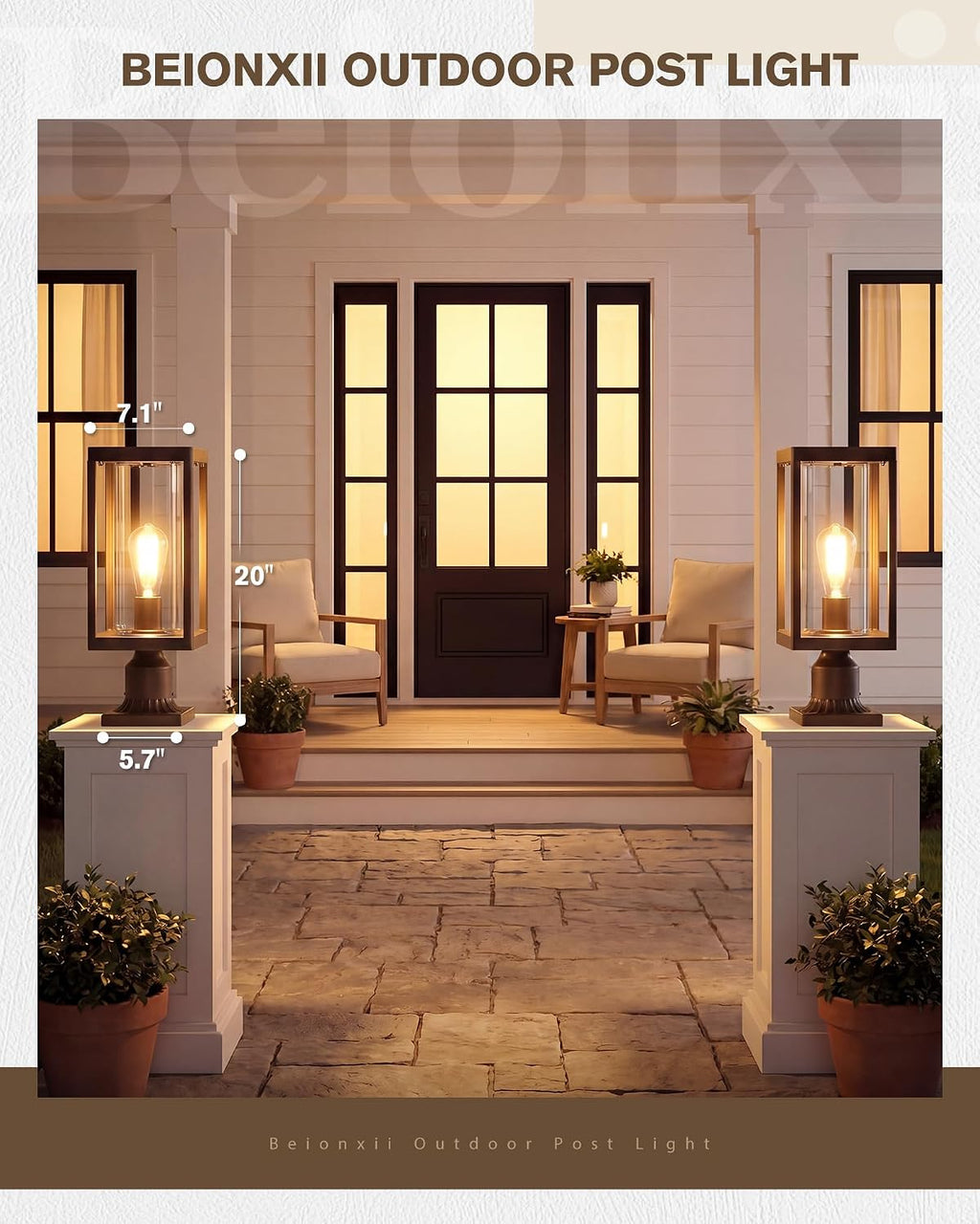 Beionxii Outdoor Post Lights, 20in Post Lantern with Pier Mount Base, Aluminum Street Lights with Glass, Fence Post Deck Lighting for Garden, Patio, Pathway, BXA291-P-2PK-ORB (NOT Solar, 110-120V AC)
