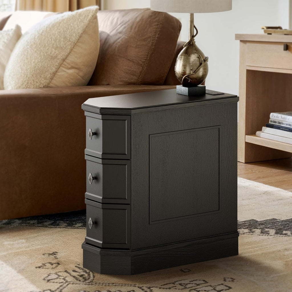Nightstand Set of 2 with Charging Station, Vintage Wood End Table with 3 Drawer, Victoria Narrow Side Table, Slim Bedside Tables for Bedroom, Pre-Installation, Black
