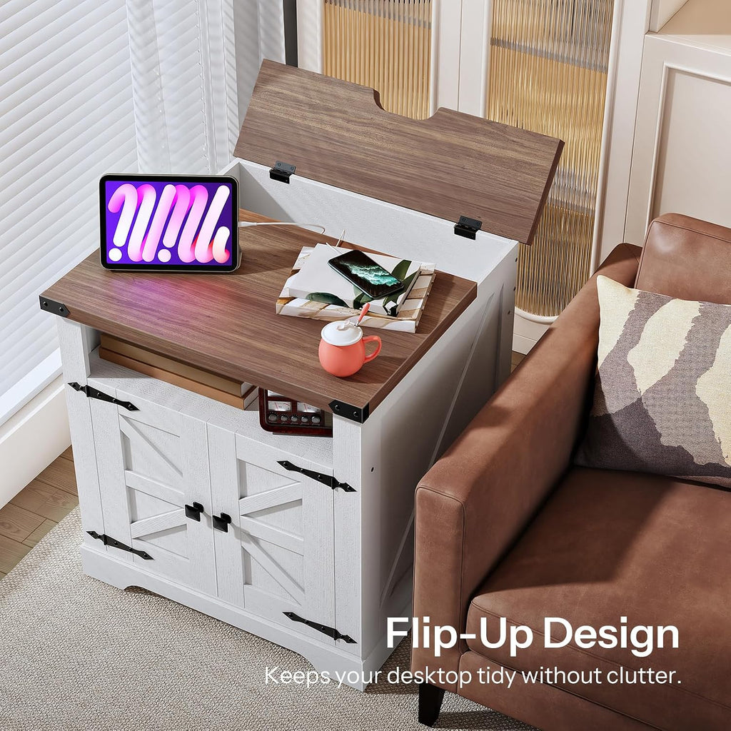 HOOBRO Farmhouse End Tables Set of 2 with Charging Station, 23.6' Large End Table for Living Room, Sofa Side Table with Barn Door, Wooden Square Nightstand Bedside Table, White and Walnut WH601UBZP201