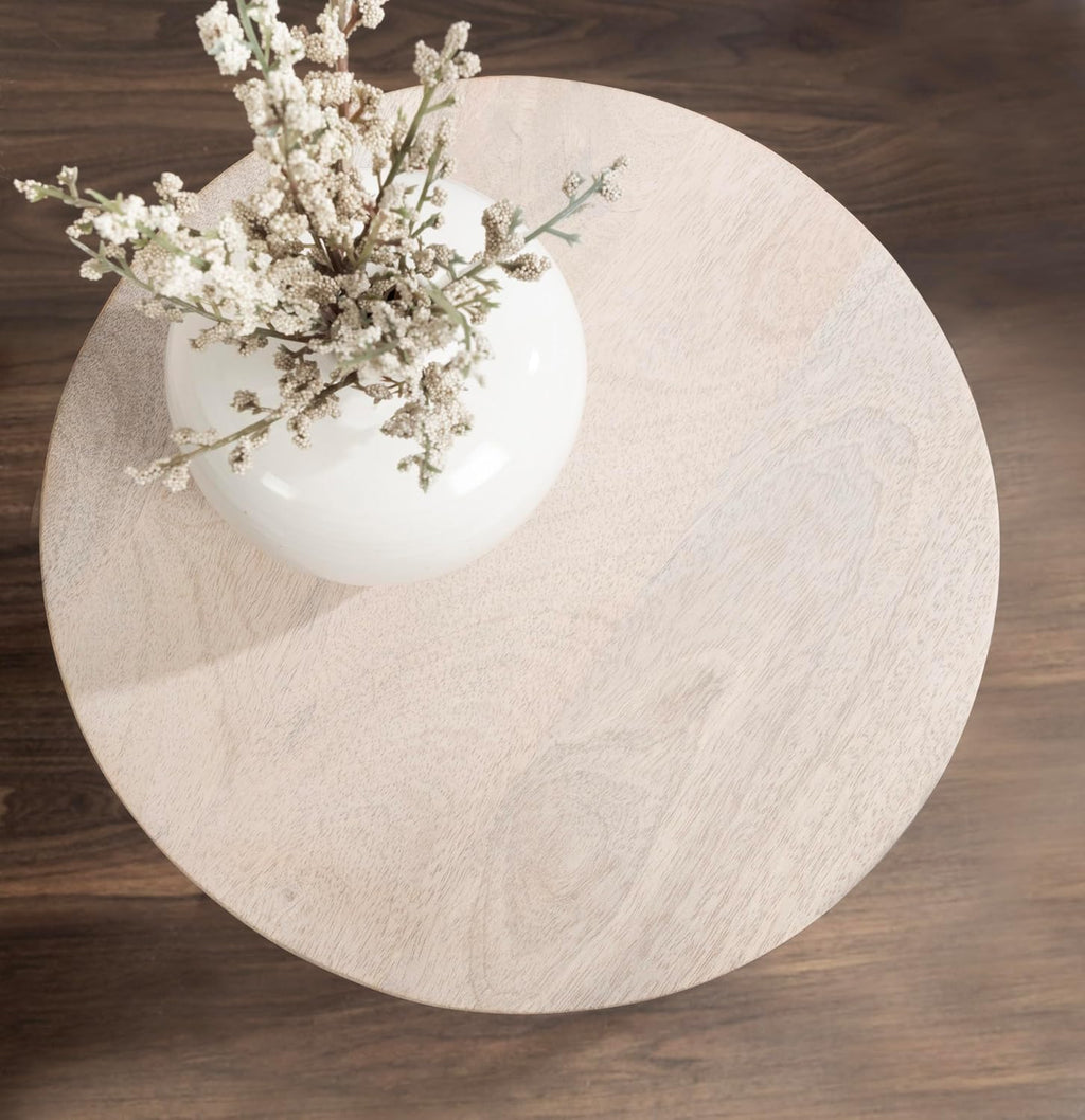 Kate and Laurel Dahl Wooden Round Drink Table; 12 x 23; Whitewash; Transitional Boho Circle Wood Accent Pedestal Table for Living Room Plant Stand or Small Bedroom Nightstand