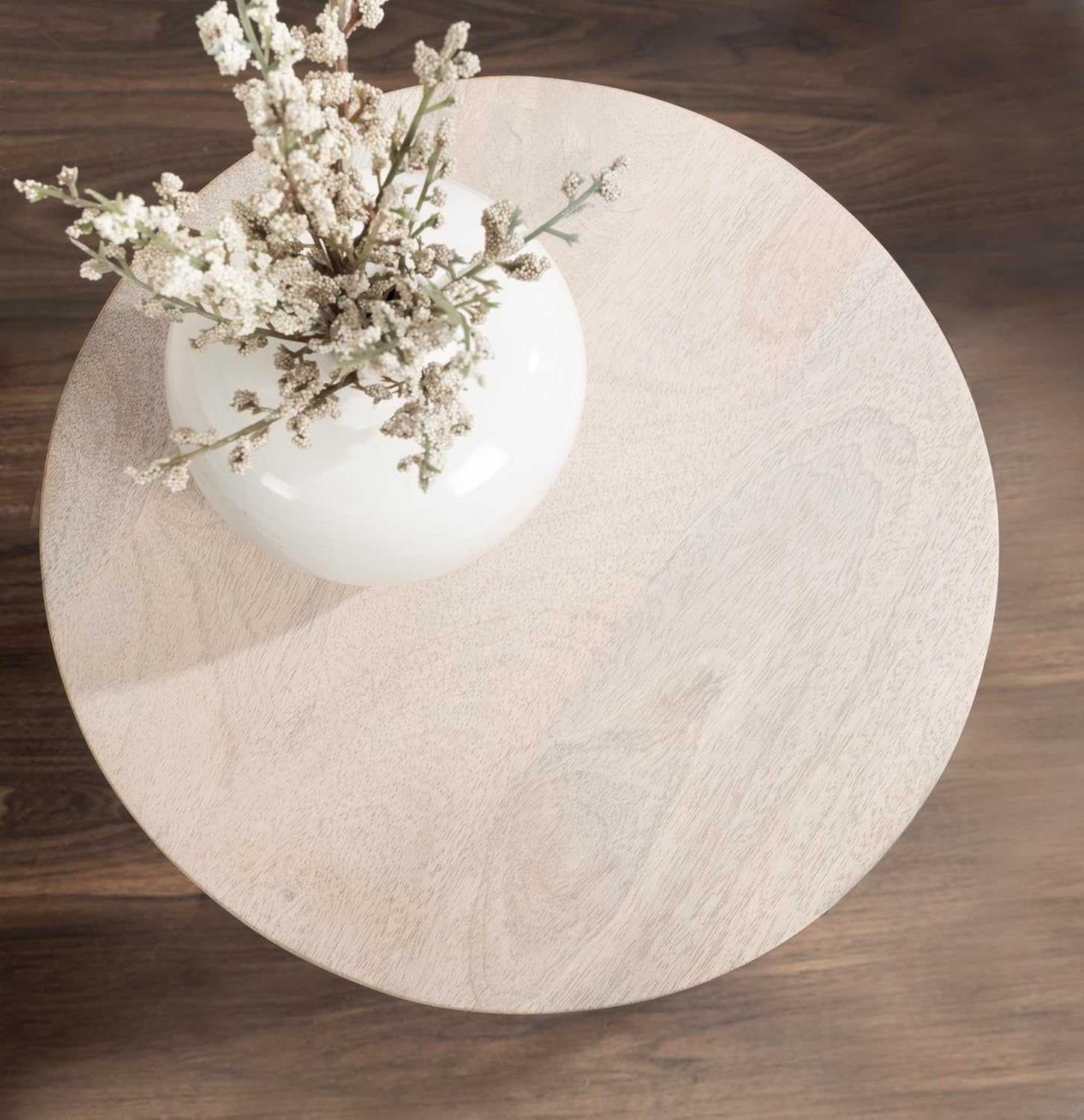 Kate and Laurel Dahl Wooden Round Drink Table; 12 x 23; Whitewash; Transitional Boho Circle Wood Accent Pedestal Table for Living Room Plant Stand or Small Bedroom Nightstand