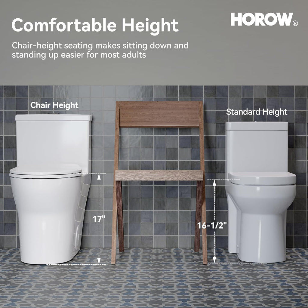 HOROW T0350W One-Piece Elongated Toilet, 17' ADA Chair Height, Dual Flush 0.8/1.28 GPF, MaP 1000g Powerful Flush, Soft-Close Seat, Skirted Design, Square Flush Button, 12' Rough-In, White