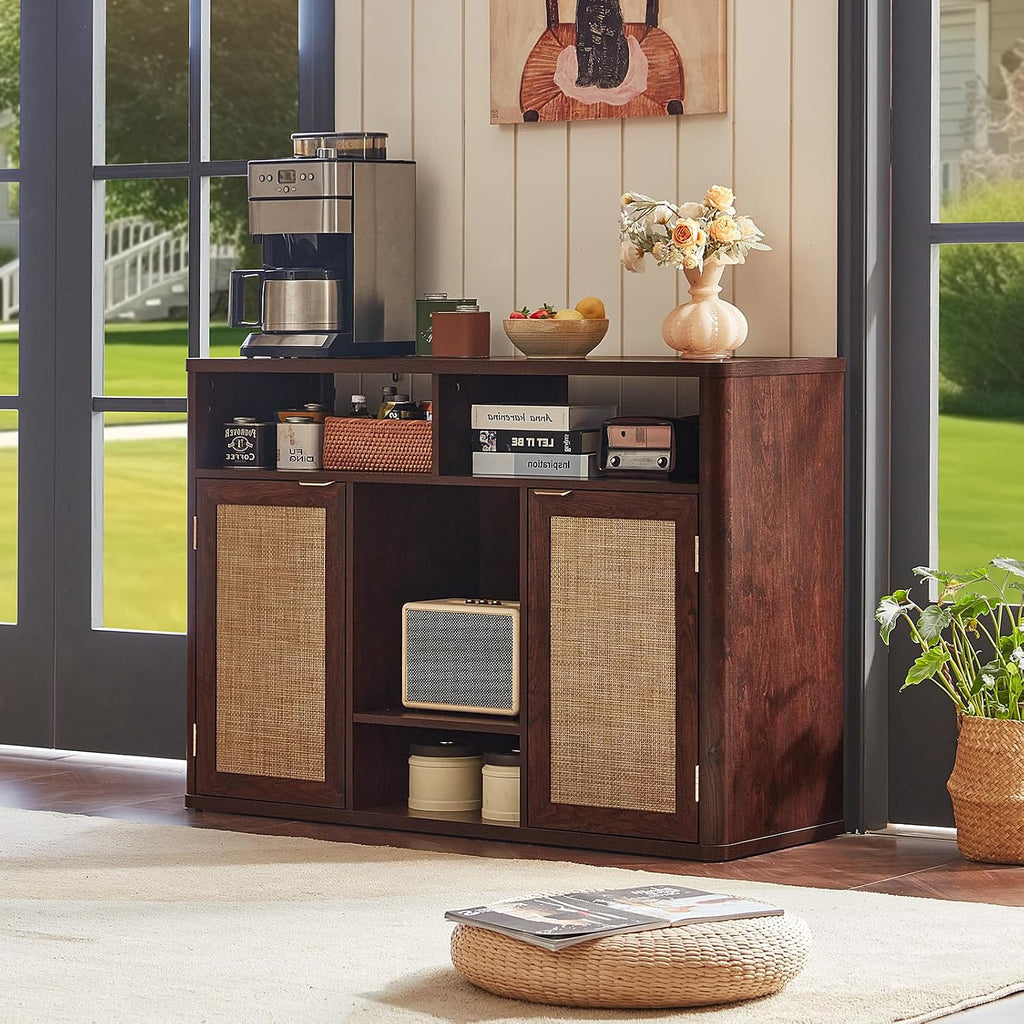 Lerliuo Rattan Wine Cabinet with 2 Doors, Boho Liquor Cabinet with Wine Racks, Farmhouse Coffee Bar Station for Living Room, Dining Room, Kitchen, Walnut