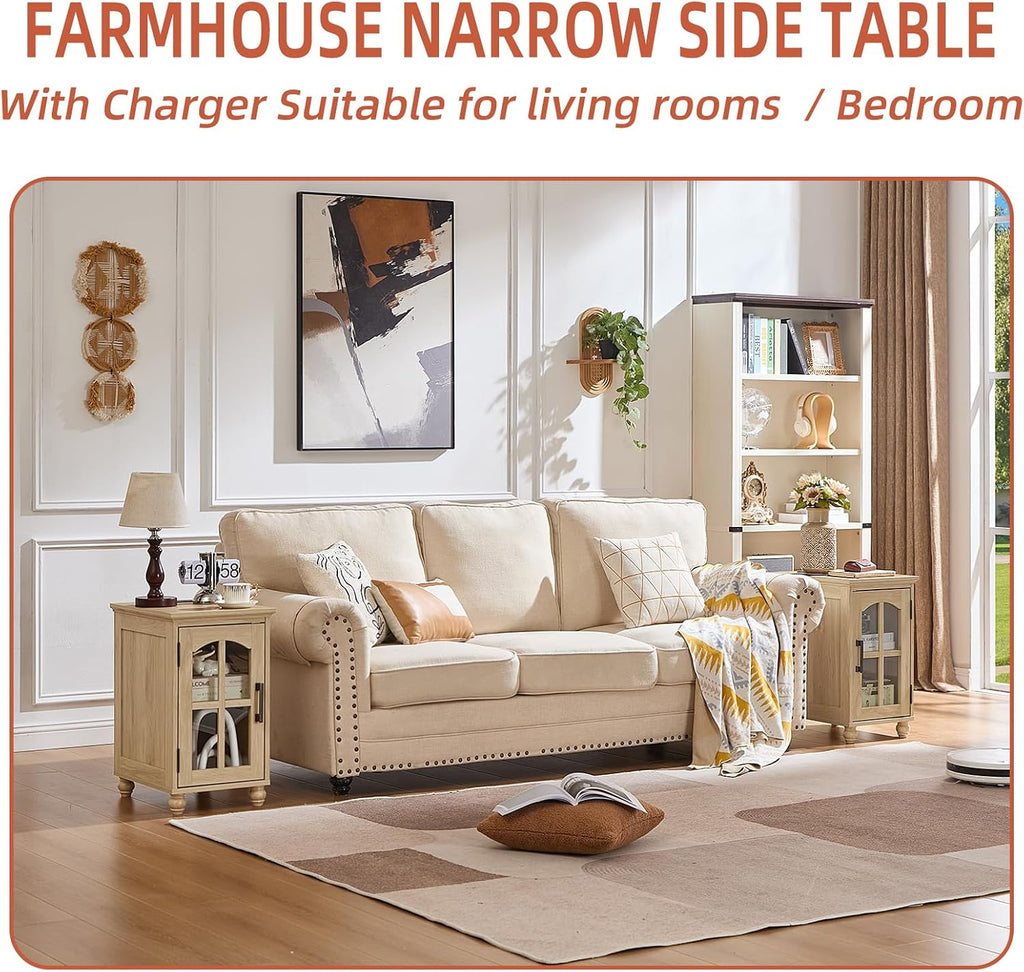 RWYHG End Table Set 3 with Charger Station, 18'' Narrow Nightstand and 24' Large Sofa Side Tables with Glass Barn Door Storage, Farmhouse Night Stands Bedside Table for Living Room,Bedroom