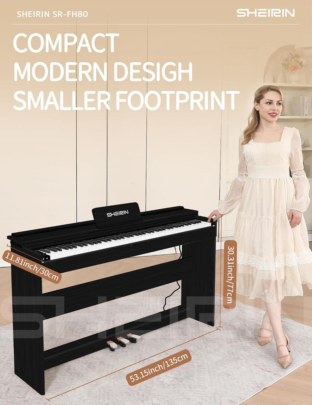 Digital Piano Hammer Action Keyboard 88 Keys Upright Acoustic Electric Weighted Piano Beginner MIDI Cover Full Size Sustain Pedal Stand Real Professional SR-FH80 (Black Full Cover)