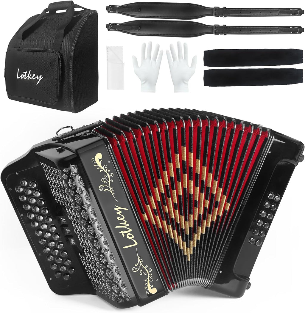 Lotkey 34 Key Diatonic Accordion, 3412 Multi Tone Celluloid Accordions Louder Clearer Timbre than Plastic for Adult, Beginner, Professional with Updated Bag, Straps, Acordeón Wrist Guard (GCF Black)