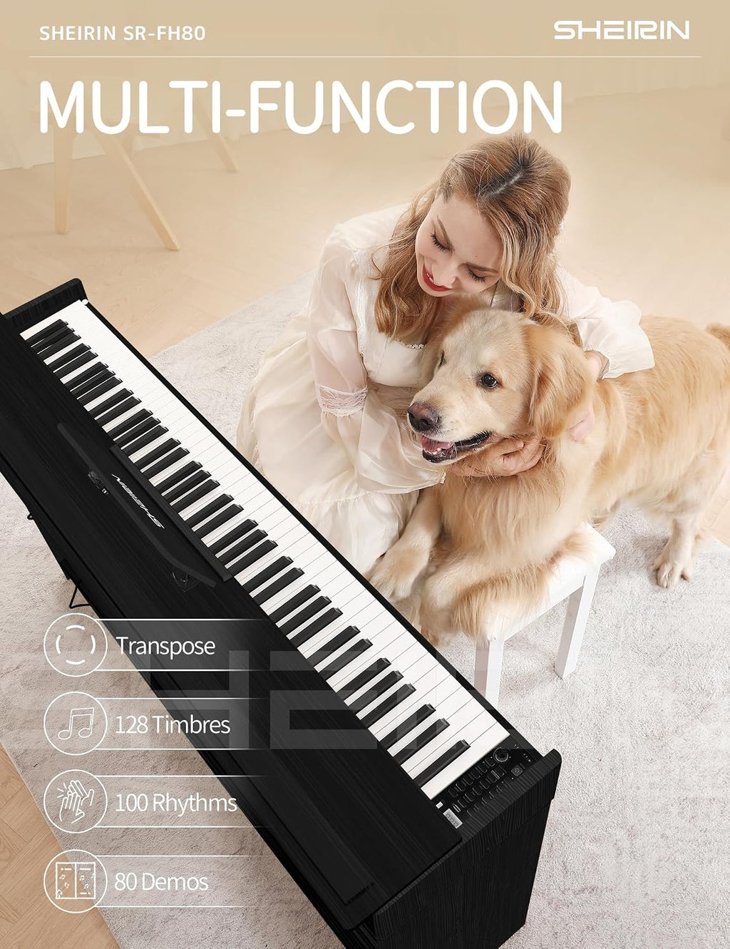 Digital Piano Hammer Action Keyboard 88 Keys Upright Acoustic Electric Weighted Piano Beginner MIDI Cover Full Size Sustain Pedal Stand Real Professional SR-FH80 (Black Full Cover)