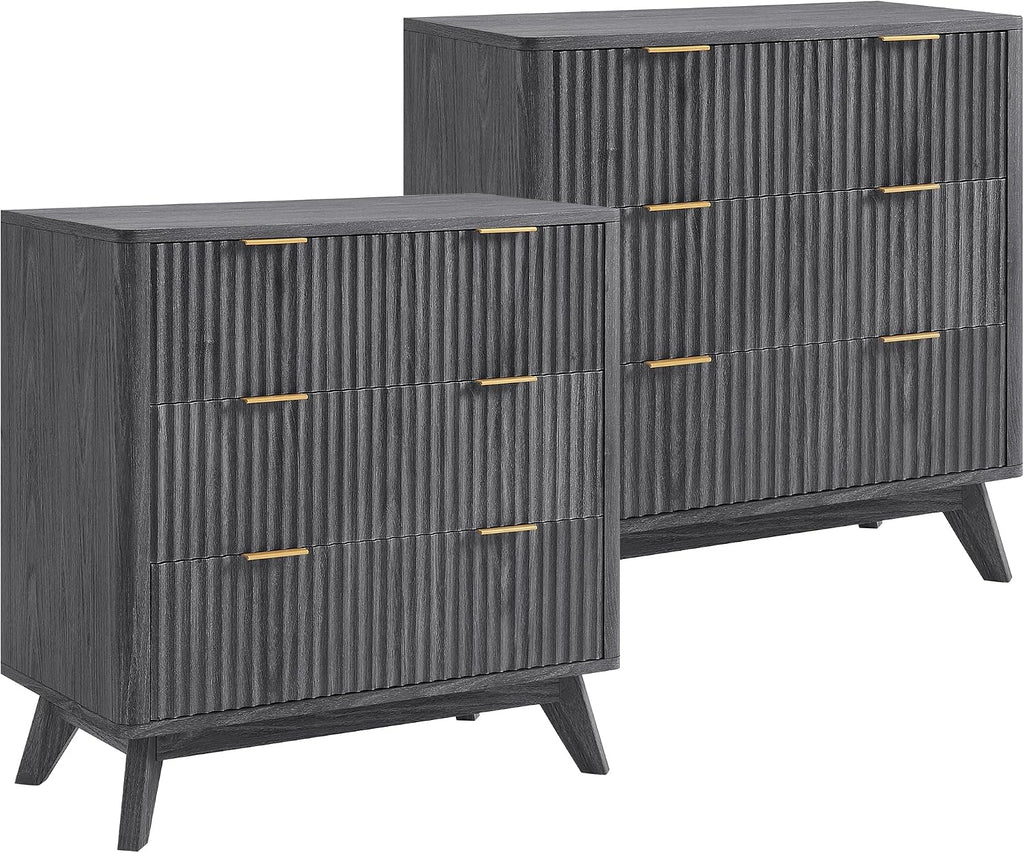 T4TREAM Fluted 3 Drawers Nightstand Set of 2, Oversized Extra Large Modern Side Table, End Table Bedside for Bedroom, Living Room, Curved Profile Design, Dark Alder
