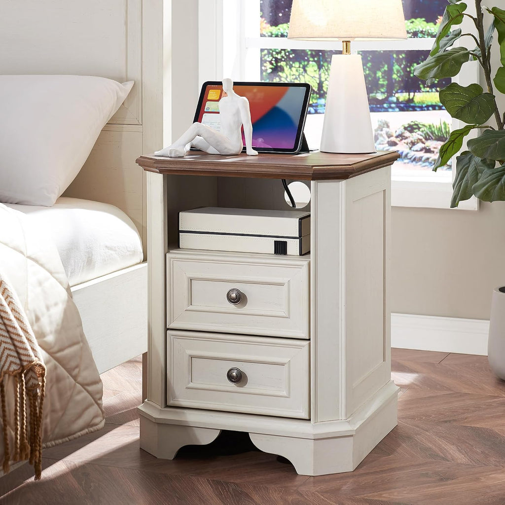 T4TREAM Farmhouse Nightstand with Charging Station, 18' End Table with 2 Drawers, Wood Side Table, Bedside Cabinet for Bedroom, Living Room (Antique White)