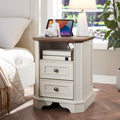 T4TREAM Farmhouse Nightstand with Charging Station, 18' End Table with 2 Drawers, Wood Side Table, Bedside Cabinet for Bedroom, Living Room (Antique White)