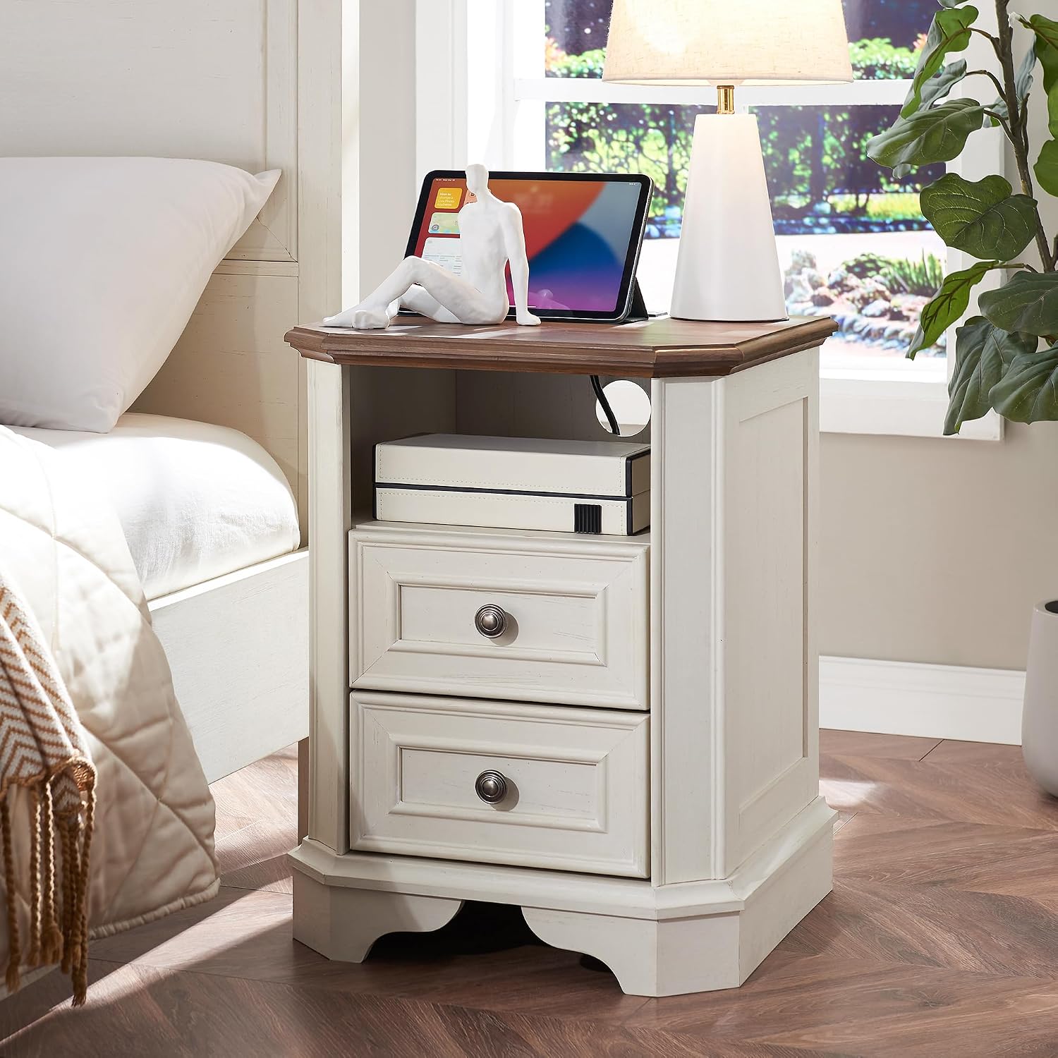 T4TREAM Farmhouse Nightstand with Charging Station, 18' End Table with 2 Drawers, Wood Side Table, Bedside Cabinet for Bedroom, Living Room (Antique White)