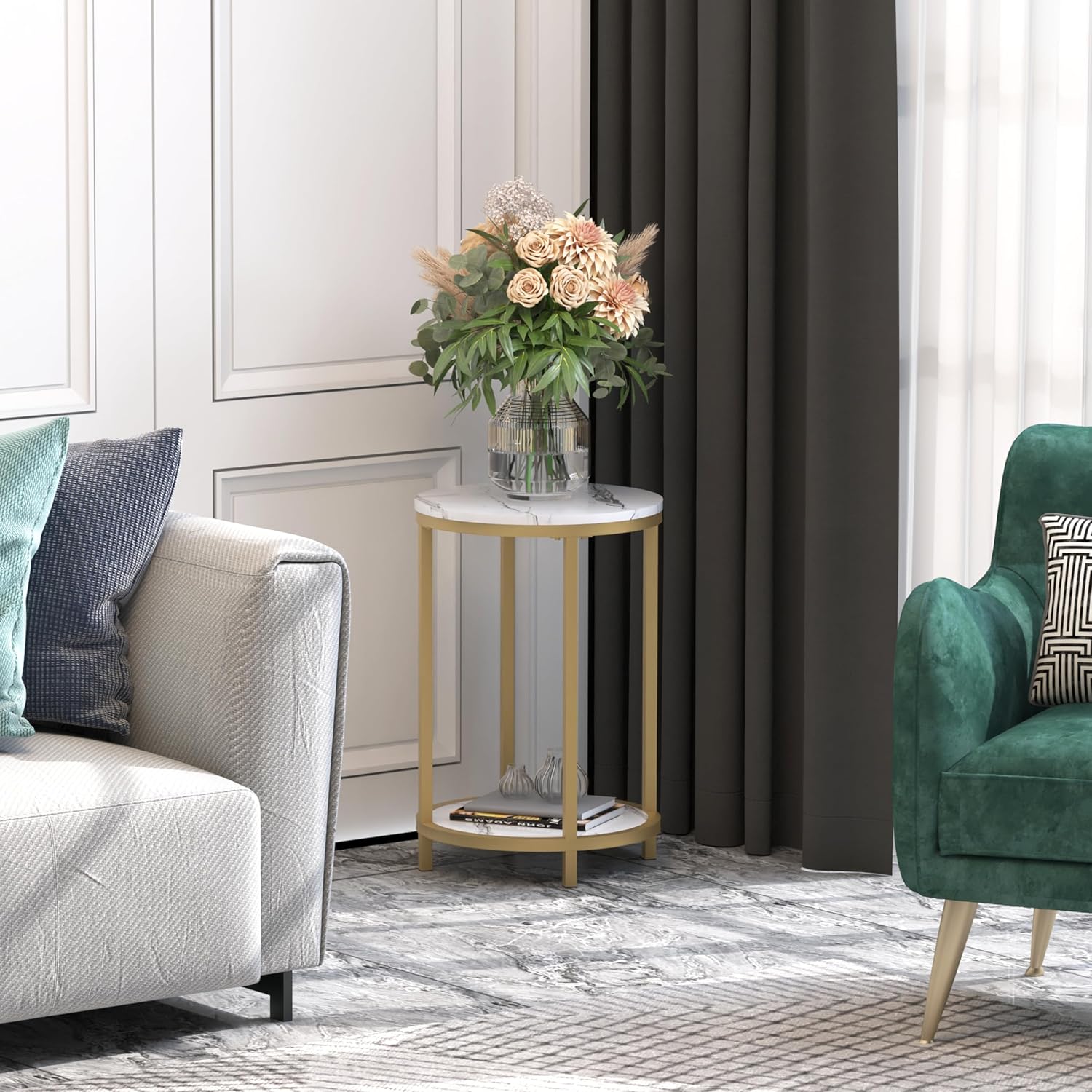 WiberWi Round Side Table Set of 2, Modern Nightstand End Table with Gold Metal Frame &Faux Marble Top, Accent Bedside Table for Living Room Bedroom Small Spaces with Storage Open Shelf,White